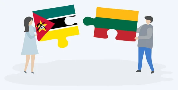 Paar Houden Twee Puzzels Stukken Met Mozambican Litouwse Vlaggen Mozambique — Stockvector