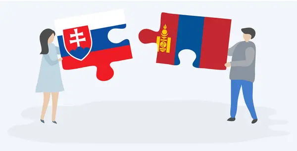 Couple Holding Two Puzzles Pieces Slovak Mongolian Flags Slovakia Mongolia — Stock Vector