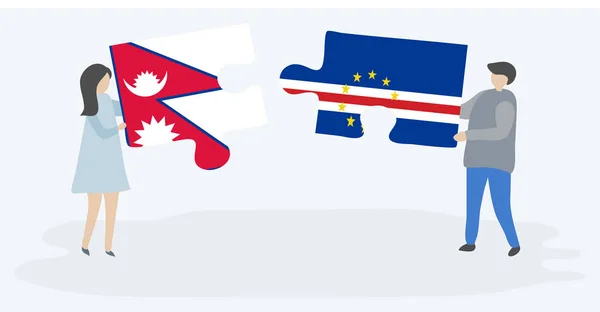Ζευγάρι Που Κρατά Δύο Κομμάτια Παζλ Σημαίες Του Νεπάλ Και — Διανυσματικό Αρχείο