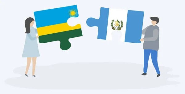 Casal Segurando Duas Peças Quebra Cabeças Com Bandeiras Ruandesas Guatemaltecas —  Vetores de Stock