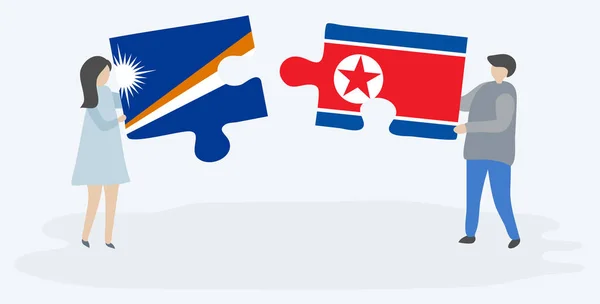 Dvojice Která Drží Dvě Skládanky Vlajkami Marshallese Severokorejského Prapory Marshallovy — Stockový vektor