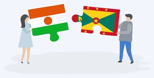 ナイジェリアとグレナディアの旗を持つ2つのパズルのピースを保持しているカップル ニジェールとグレナダのシンボル — ストックベクタ