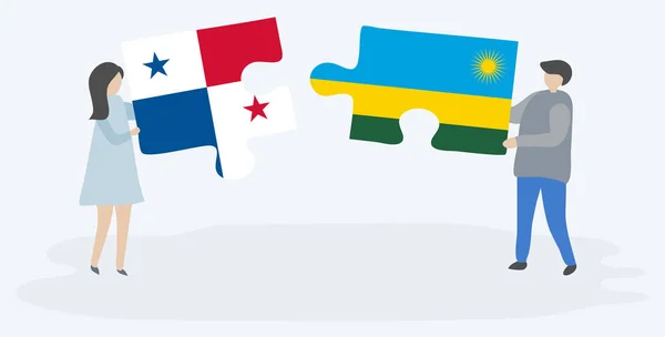 Pareja Sosteniendo Dos Piezas Rompecabezas Con Banderas Panameñas Ruandesas Panamá — Vector de stock