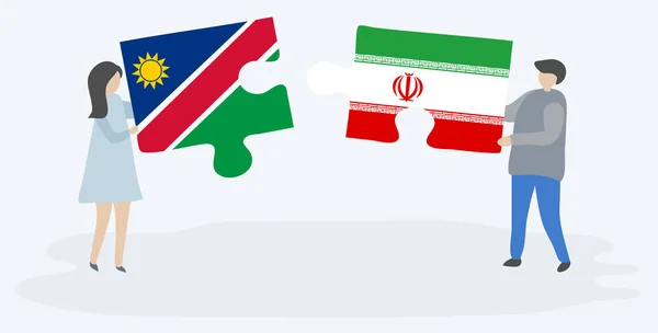 Pareja Sosteniendo Dos Piezas Rompecabezas Con Banderas Namibia Irán Namibia — Vector de stock