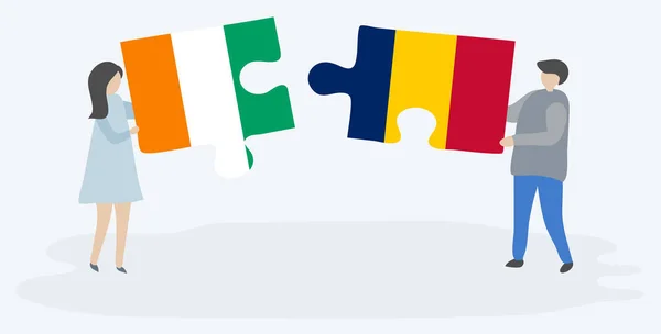 Para Trzyma Dwa Puzzle Kawałki Ivorian Czadu Flagi Wybrzeże Kości — Wektor stockowy