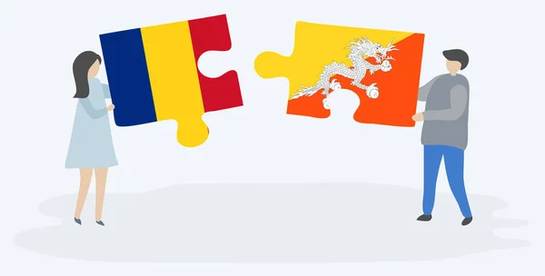 Par Som Innehar Två Pusselbitar Med Rumänska Och Bhutanesiska Flaggor — Stock vektor
