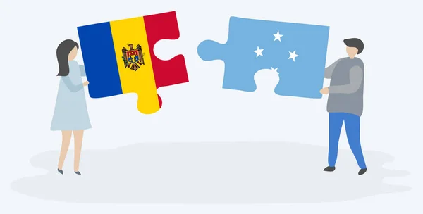Pareja Sosteniendo Dos Piezas Rompecabezas Con Banderas Moldavas Micronesianas Moldavia — Vector de stock