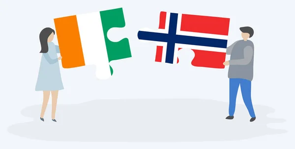 Pareja Sosteniendo Dos Piezas Rompecabezas Con Banderas Costa Marfil Noruega — Vector de stock