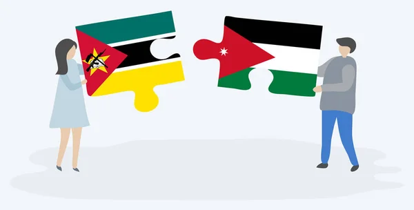 一对夫妇拿着两块拼图 上面挂着莫桑比克和约旦国旗 莫桑比克和约旦国家符号在一起 — 图库矢量图片