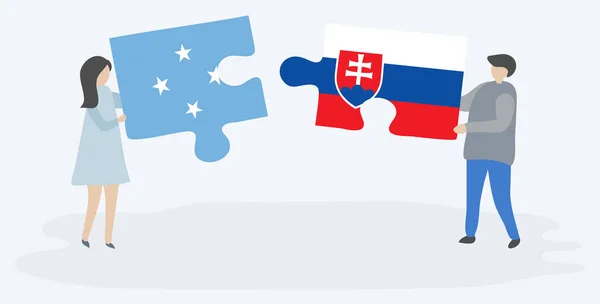 ミクロネシアとスロバキアの旗を持つ2つのパズルピースを保持しているカップル ミクロネシアとスロバキアの国のシンボル — ストックベクタ