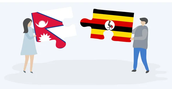 Para Trzyma Dwa Kawałki Puzzli Nepalskich Ugandy Flagi Nepal Uganda — Wektor stockowy