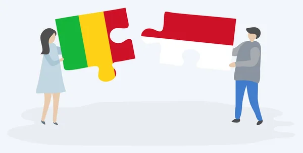 Pareja Sosteniendo Dos Piezas Rompecabezas Con Banderas Malienses Monegascas Malí — Vector de stock