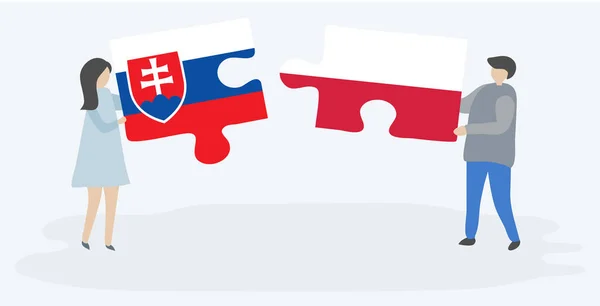 スロバキアとポーランドの旗を持つ2つのパズルのピースを保持しているカップル スロバキアとポーランドのシンボル — ストックベクタ
