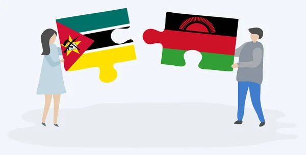一对夫妇拿着两块拼图 上面挂着莫桑比克和马拉维国旗 莫桑比克和马拉维国家符号在一起 — 图库矢量图片