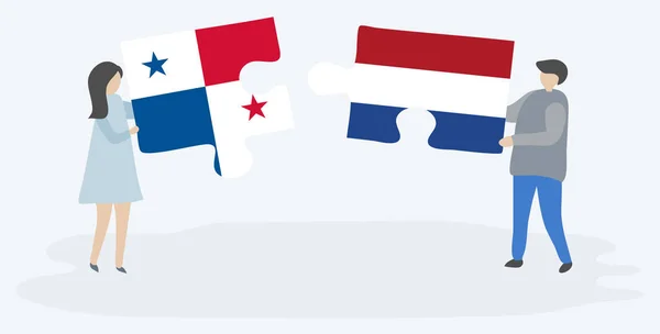 Paar Houden Twee Puzzels Stukken Met Panamese Nederlandse Vlaggen Panama — Stockvector
