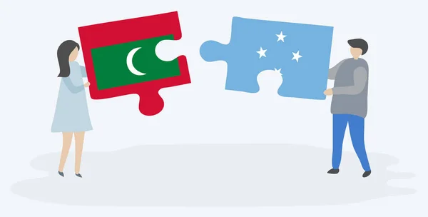 Paar Houden Twee Puzzels Stukken Met Maldivische Micronesian Vlaggen Maldiven — Stockvector