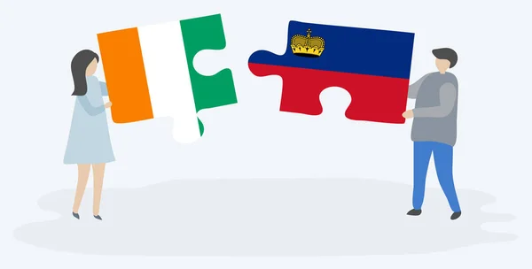 Paar Houden Twee Puzzels Stukken Met Ivoriaanse Liechtenstein Vlaggen Ivoorkust — Stockvector