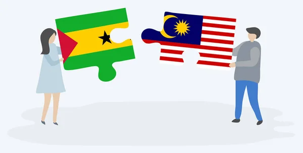 Couple Tenant Deux Pièces Puzzles Avec Des Drapeaux Sao Tomean — Image vectorielle