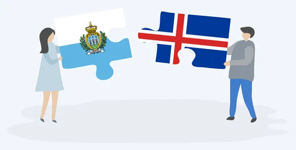 Pareja Sosteniendo Dos Piezas Rompecabezas Con Banderas Sammarinese Islandia San — Vector de stock