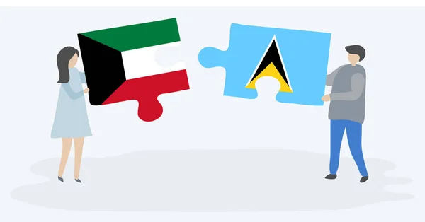 Para Trzyma Dwa Kawałki Puzzli Kuwaiti Saint Lucian Flagi Symbole — Wektor stockowy