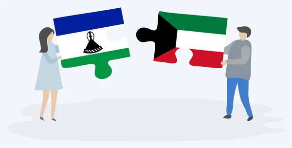 Para Trzyma Dwa Kawałki Puzzli Basotho Flagi Kuwejcki Lesotho Kuwejt — Wektor stockowy