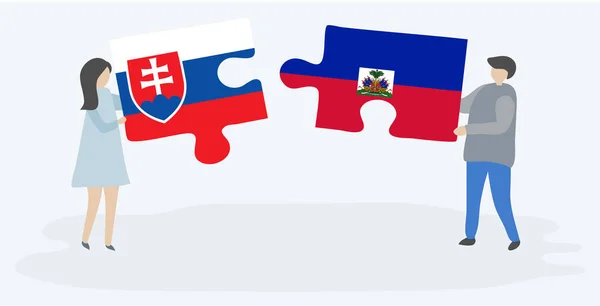 Paar Mit Zwei Puzzleteilen Mit Slowakischen Und Haitischen Fahnen Slowakei — Stockvektor