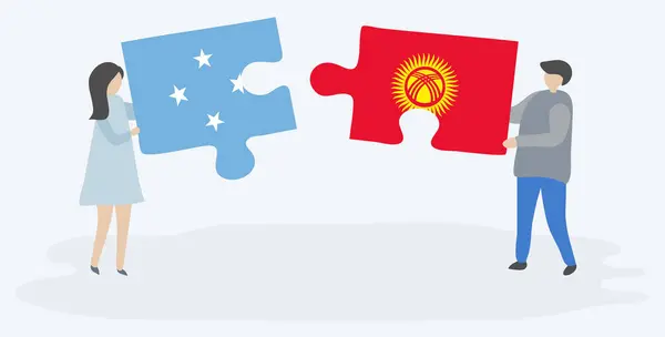 一对夫妇拿着两个拼图片与密克罗尼西亚和吉尔吉斯国旗 密克罗尼西亚和吉尔吉斯斯坦国家象征在一起 — 图库矢量图片