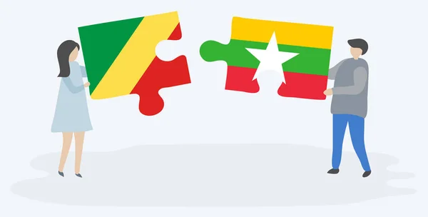 Kongo Birmanya Bayrakları Ile Iki Bulmaca Parçaları Tutan Çift Kongo — Stok Vektör