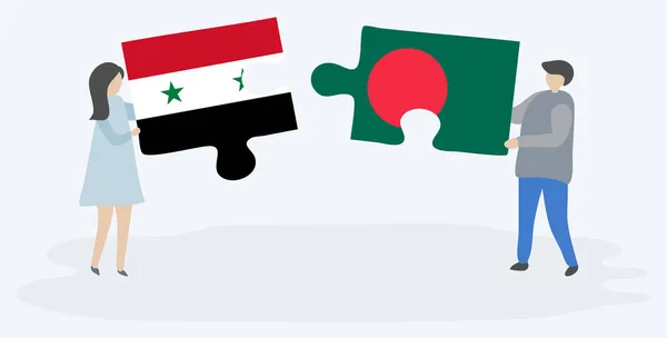 Casal Segurando Duas Peças Quebra Cabeças Com Bandeiras Sírias Bangladesh — Vetor de Stock