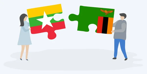 Paar Houden Twee Puzzels Stukken Met Birmese Zambiaanse Vlaggen Myanmar — Stockvector