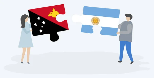 Casal Segurando Duas Peças Quebra Cabeças Com Bandeiras Papuas Argentinas —  Vetores de Stock
