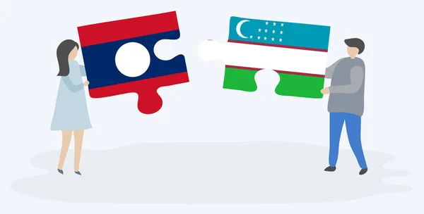 Couple Tenant Deux Pièces Puzzles Avec Des Drapeaux Lao Ouzbek — Image vectorielle