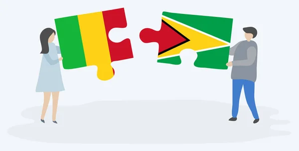 Couple Tenant Deux Pièces Puzzles Avec Des Drapeaux Maliens Guyanais — Image vectorielle