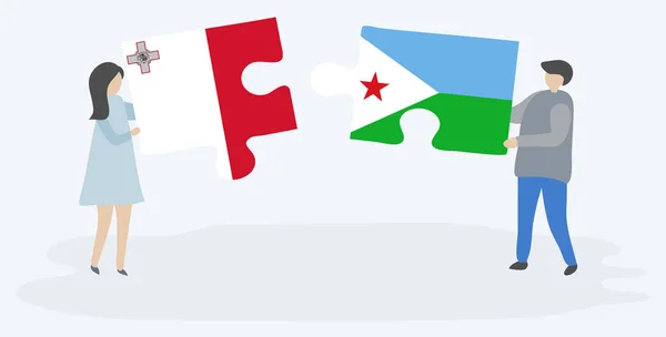 マルタとジブチの旗を持つ2つのパズルピースを保持しているカップル マルタとジブチの国のシンボル — ストックベクタ