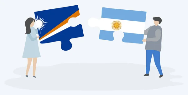 Casal Segurando Duas Peças Quebra Cabeças Com Bandeiras Marshallese Argentino —  Vetores de Stock