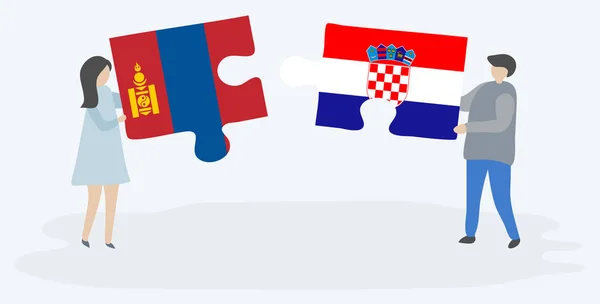 Pareja Sosteniendo Dos Piezas Rompecabezas Con Banderas Mongolia Croacia Mongolia — Vector de stock