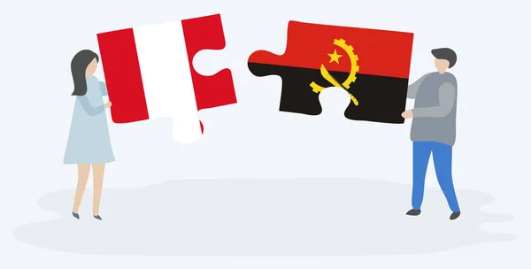 Paar Houden Twee Puzzels Stukken Met Peruaanse Angolese Vlaggen Peru — Stockvector
