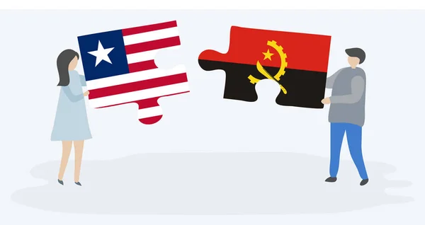 Para Trzymania Dwóch Puzzli Liberii Flagi Angoli Liberia Angola Symbole — Wektor stockowy