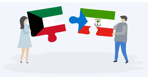 Para Trzyma Dwa Kawałki Puzzli Kuwaiti Equatorial Gwinejów Flagi Kuwejcie — Wektor stockowy