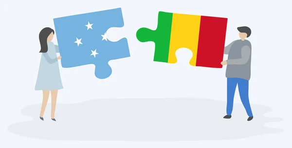 Paar Houden Twee Puzzels Stukken Met Micronesian Malian Vlaggen Micronesia — Stockvector