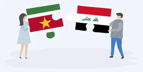 Casal Segurando Duas Peças Quebra Cabeças Com Bandeiras Suriname Iraque — Vetor de Stock