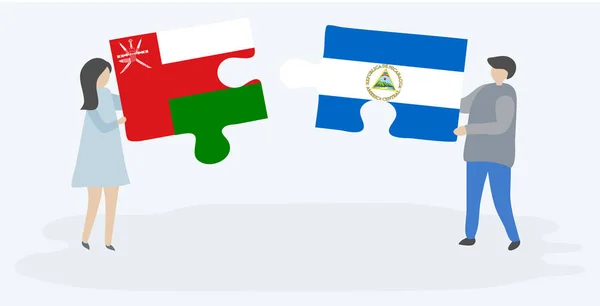 Couple Tenant Deux Pièces Puzzles Avec Des Drapeaux Omanais Nicaraguayens — Image vectorielle