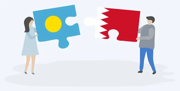 Pareja Sosteniendo Dos Piezas Rompecabezas Con Banderas Palaos Bahrein Palaos — Vector de stock