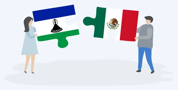 バソトとメキシコの旗を持つ2つのパズルピースを保持しているカップル レソトとメキシコの国のシンボル — ストックベクタ
