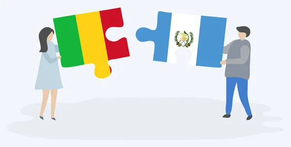 Casal Segurando Duas Peças Quebra Cabeças Com Bandeiras Malianas Guatemaltecas — Vetor de Stock