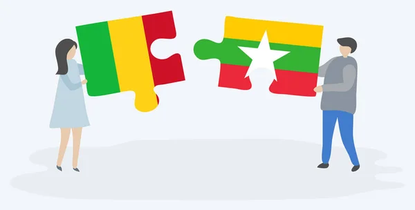 Paar Houden Twee Puzzels Stukken Met Malian Burmese Vlaggen Nationale — Stockvector