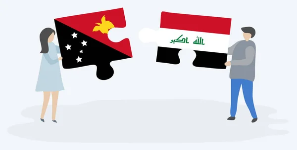 一对夫妇拿着两块带有巴布亚和伊拉克国旗的拼图 巴布亚新几内亚和伊拉克国家符号在一起 — 图库矢量图片
