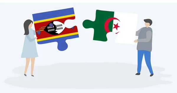Dvojice Drží Dvě Skládanky Swazijskými Alžírskými Vlajkami Svazijsko Alžírské Národní — Stockový vektor