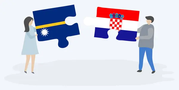 Ζευγάρι Που Κρατά Δύο Κομμάτια Παζλ Ναουρού Και Κροατικές Σημαίες — Διανυσματικό Αρχείο