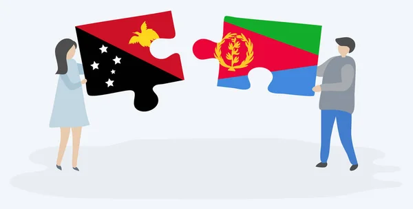 Pareja Sosteniendo Dos Piezas Rompecabezas Con Banderas Papúa Eritrea Papua — Vector de stock